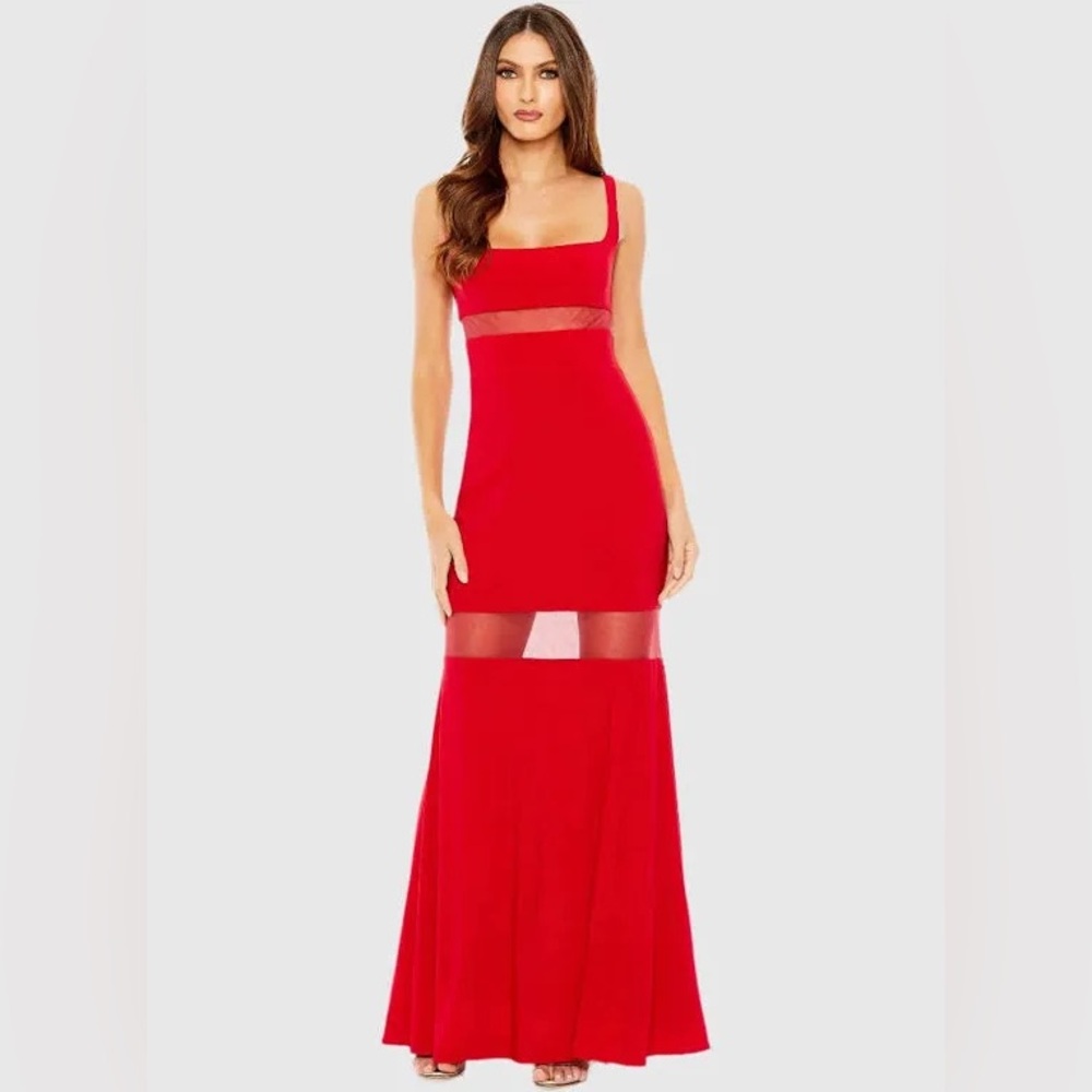 Mac Duggal #11698 Sheer Mesh Panel Detail Column Gown in Red, Size 12